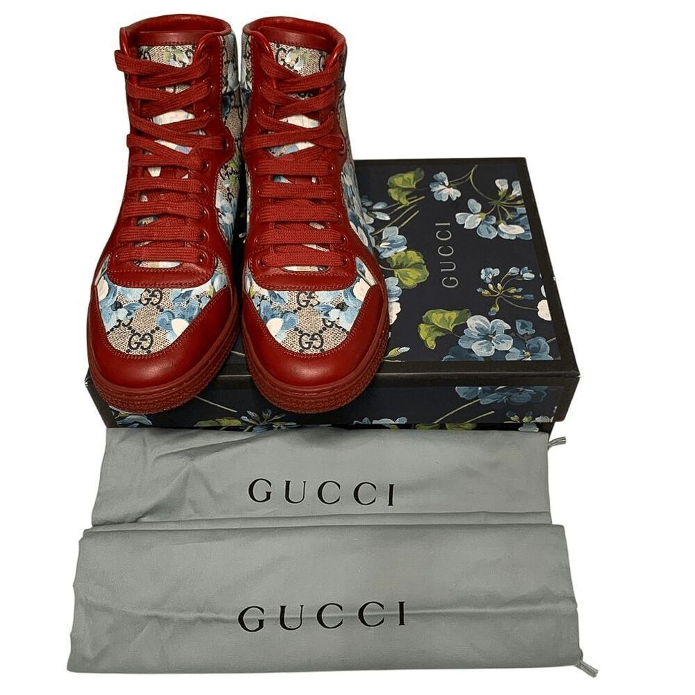 Gucci Coda Bloom High Top Sneaker Red EU 38.5 US 8.5 Blue Floral GG Supreme Logo - Picture 2 of 12